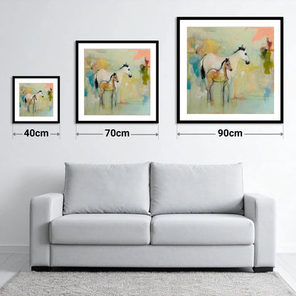 Ethereal Mare and Foal - size guide showing 40cm, 70cm and 90cm art prints