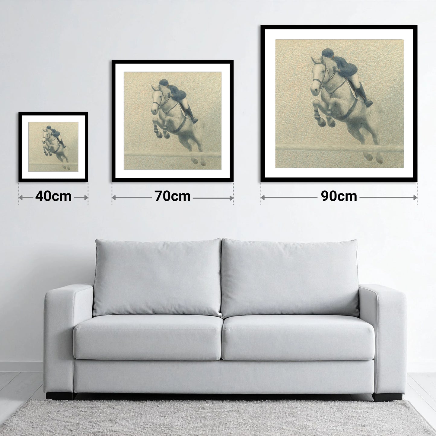 Elegance in Flight - size guide showing 40cm, 70cm and 90cm art prints