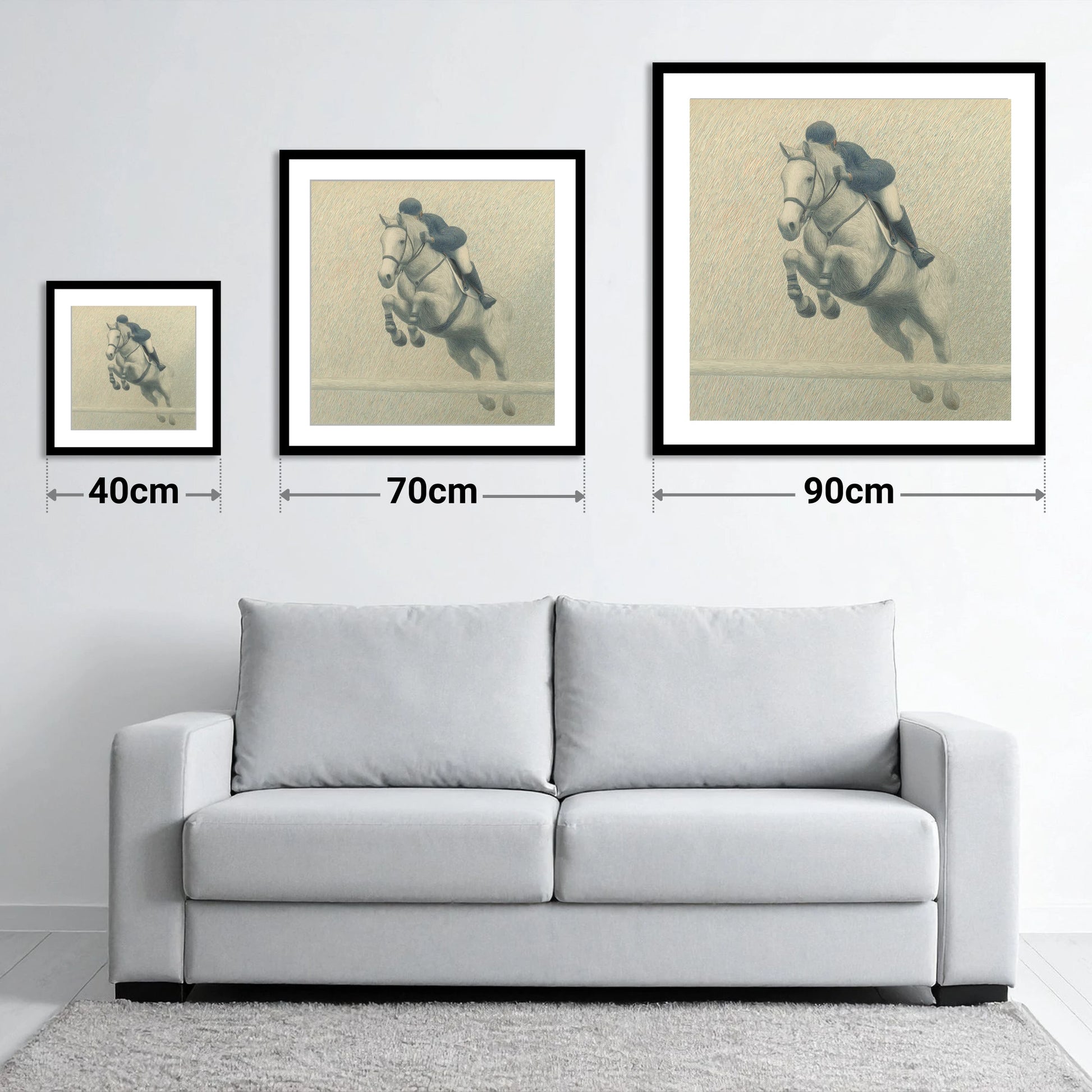 Elegance in Flight - size guide showing 40cm, 70cm and 90cm art prints