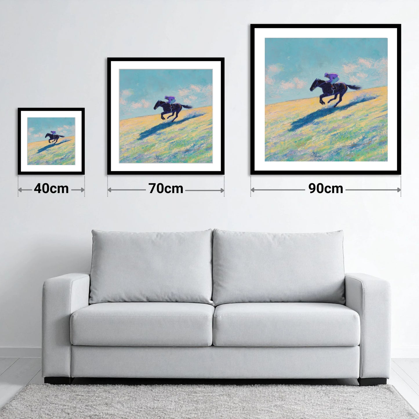 Gallop Across Gold - size guide showing 40cm, 70cm and 90cm art prints