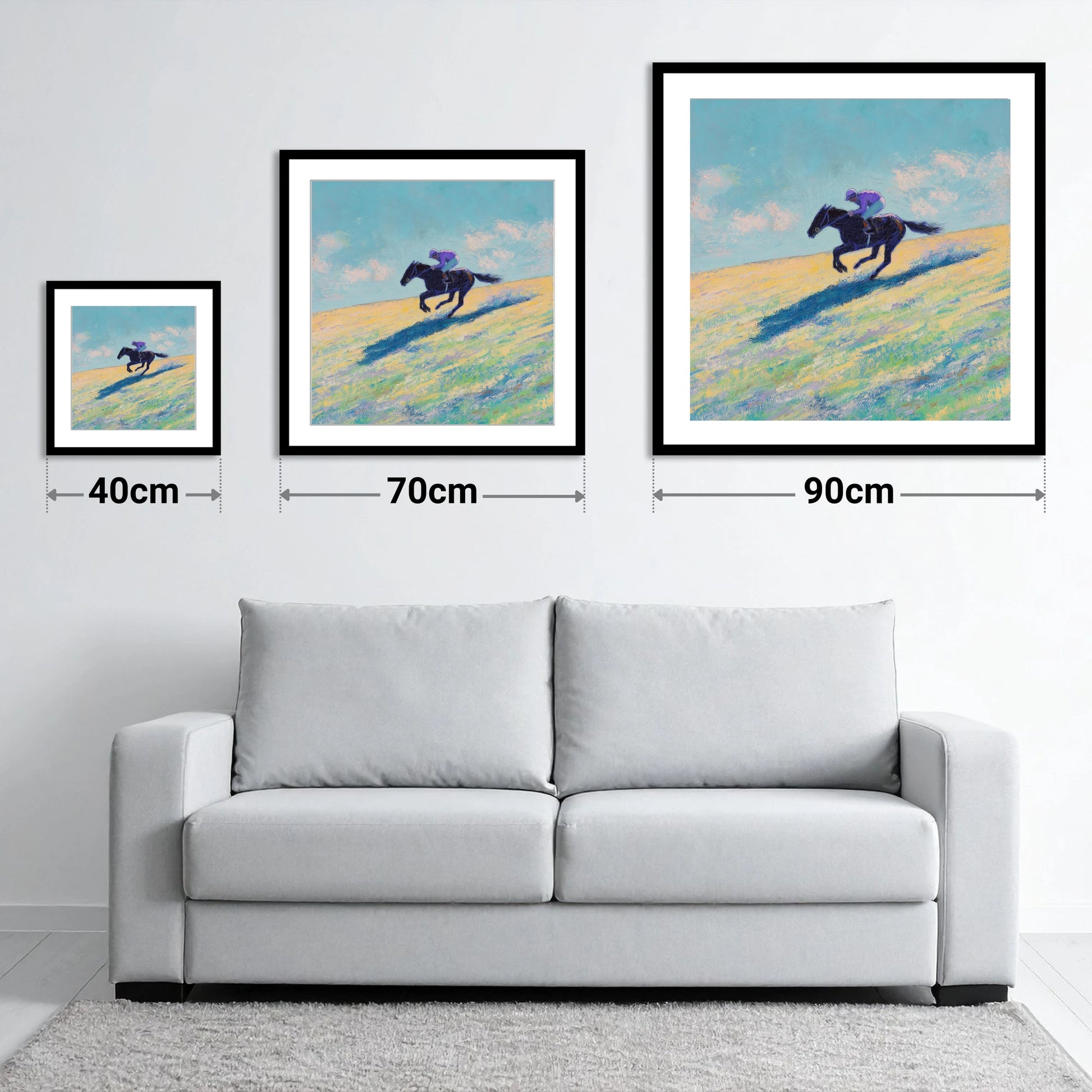 Gallop Across Gold - size guide showing 40cm, 70cm and 90cm art prints