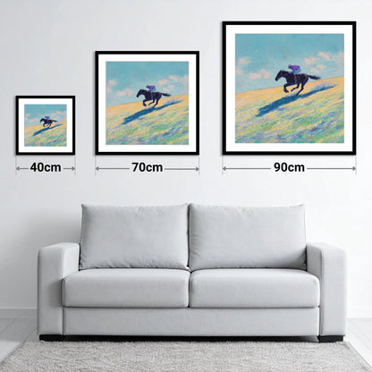 Gallop Across Gold - size guide showing 40cm, 70cm and 90cm art prints