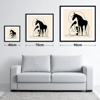 The Gentle Guardian - size guide showing 40cm, 70cm and 90cm art prints