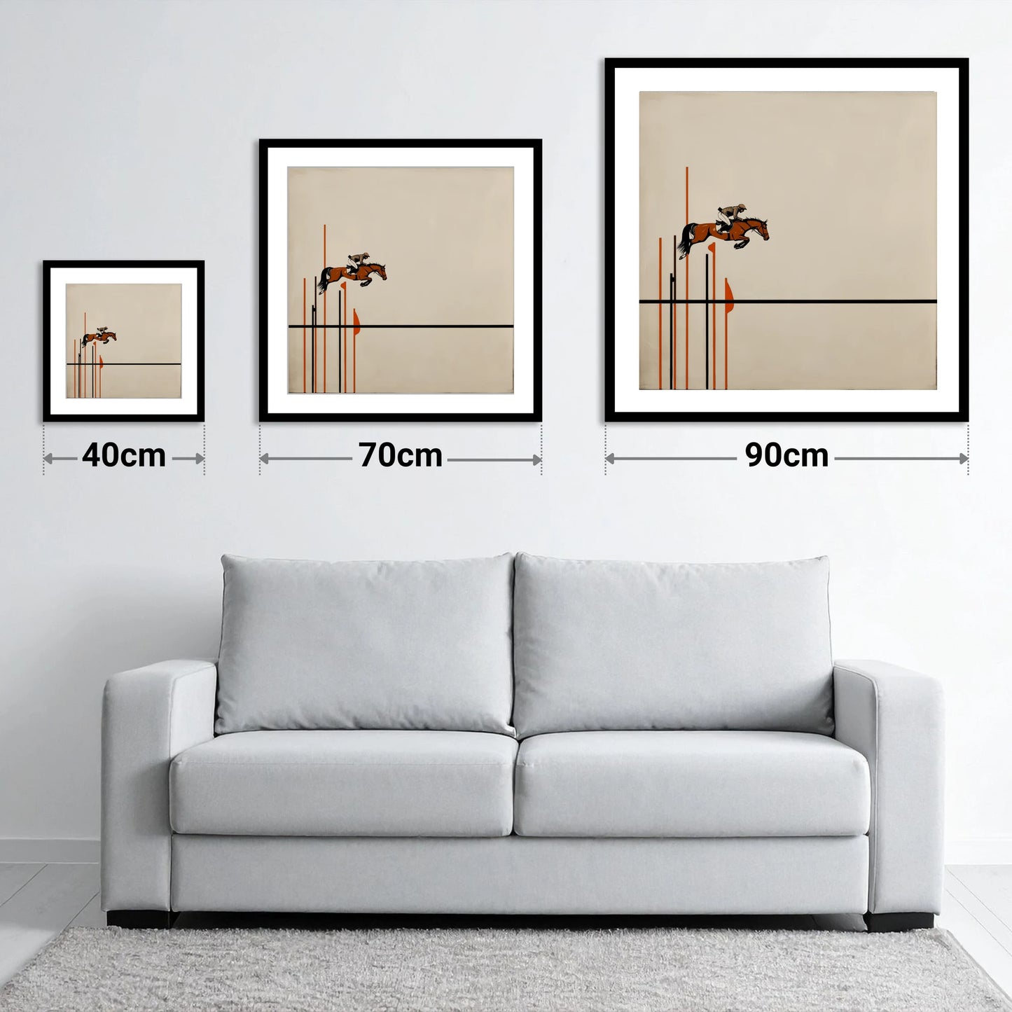 Minimalist Clearance - size guide showing 40cm, 70cm and 90cm art prints