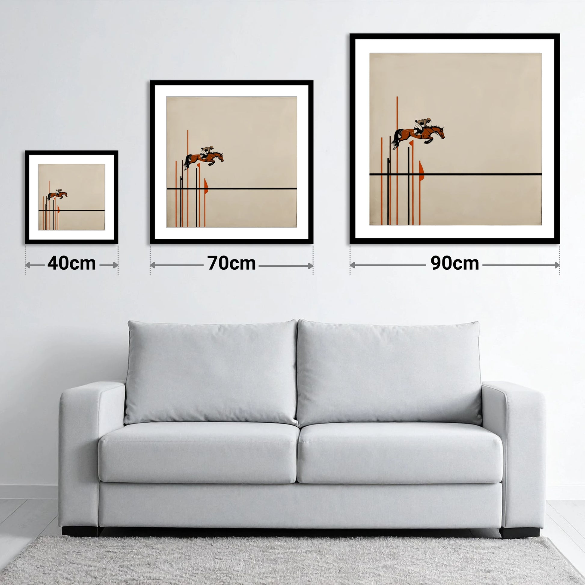 Minimalist Clearance - size guide showing 40cm, 70cm and 90cm art prints