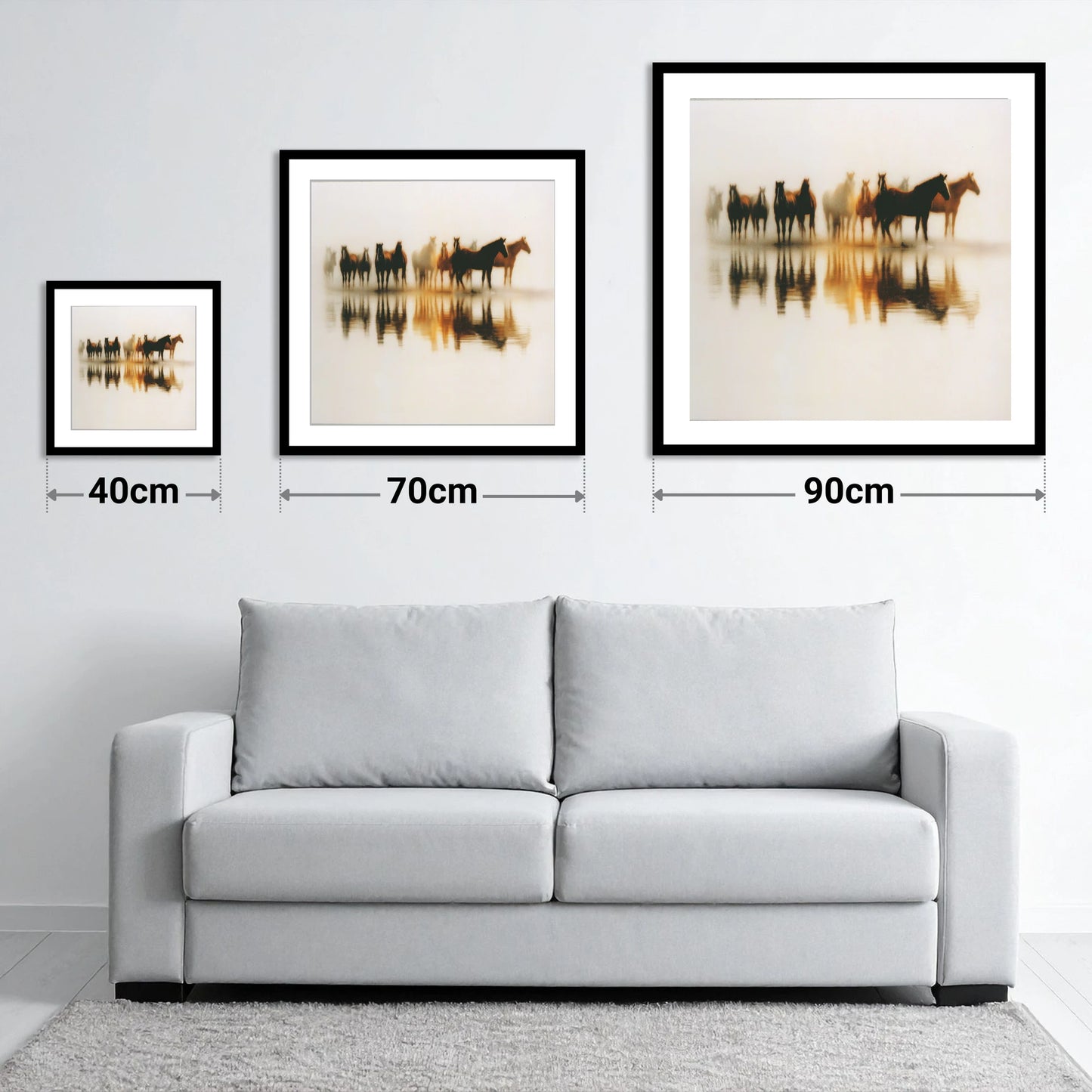 Mirrored in Mist - size guide showing 40cm, 70cm and 90cm art prints