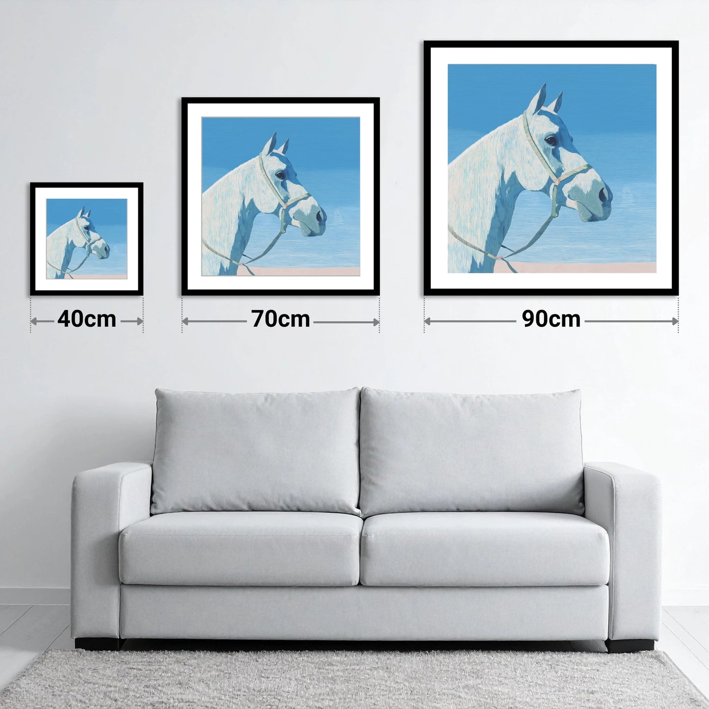 Serene Grey Profile - size guide showing 40cm, 70cm and 90cm art prints