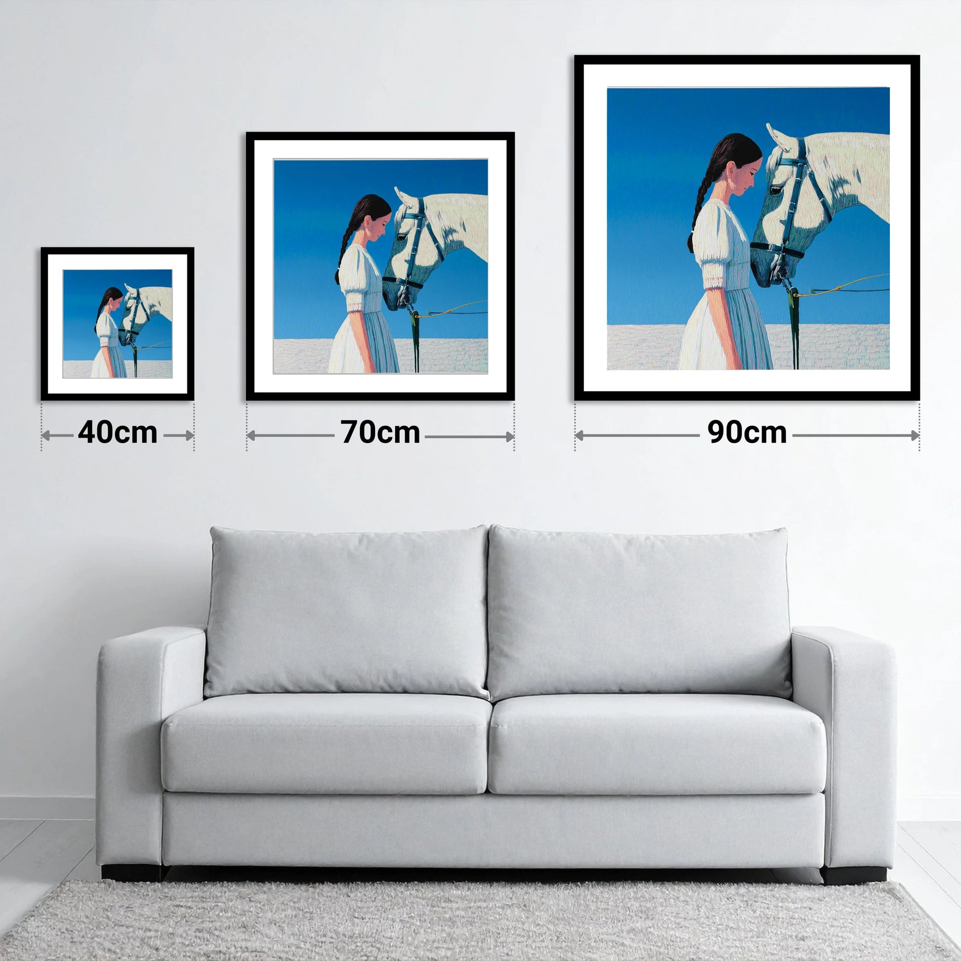Silent Dialogue - size guide showing 40cm, 70cm and 90cm art prints
