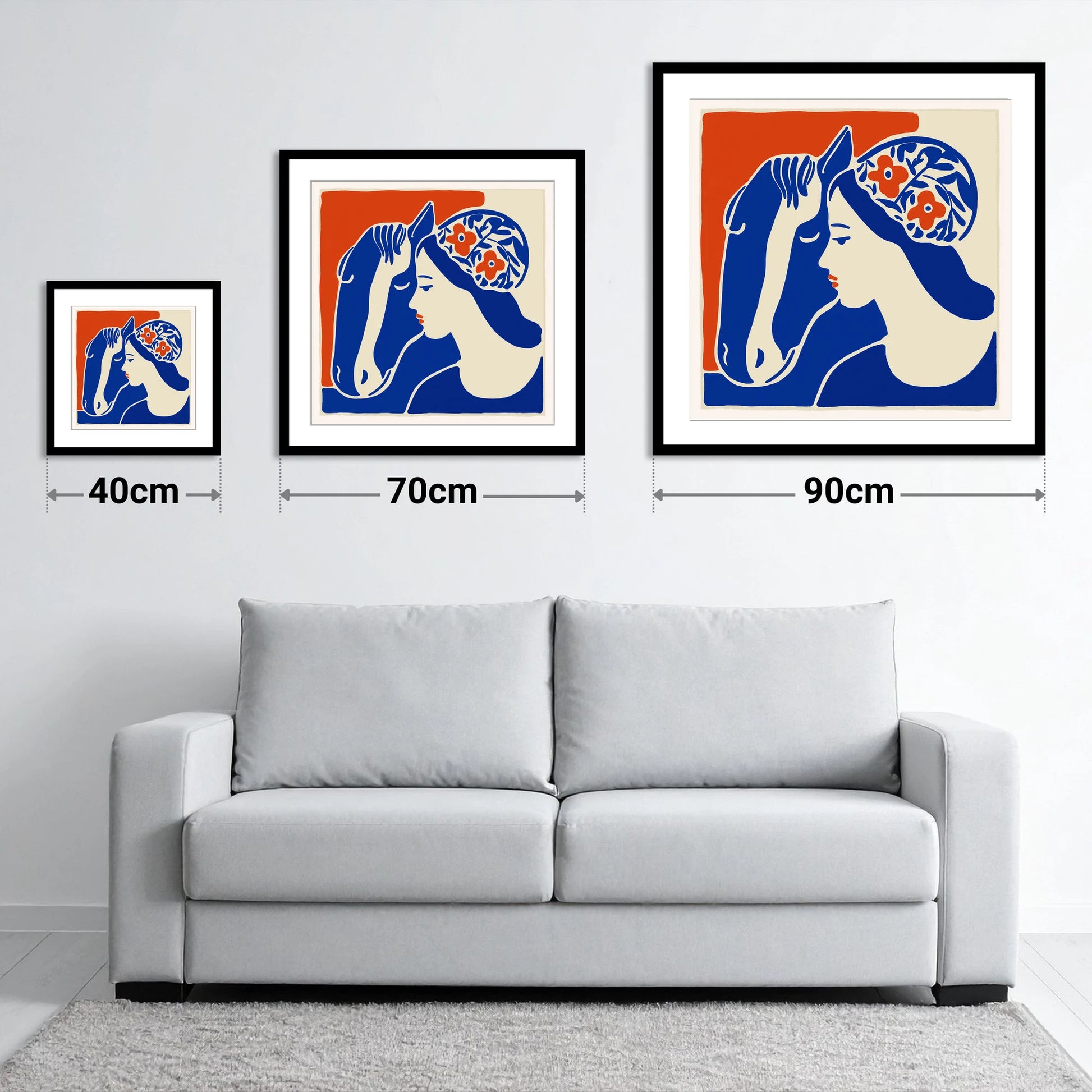 Cobalt Equine Bond - size guide showing 40cm, 70cm and 90cm art prints