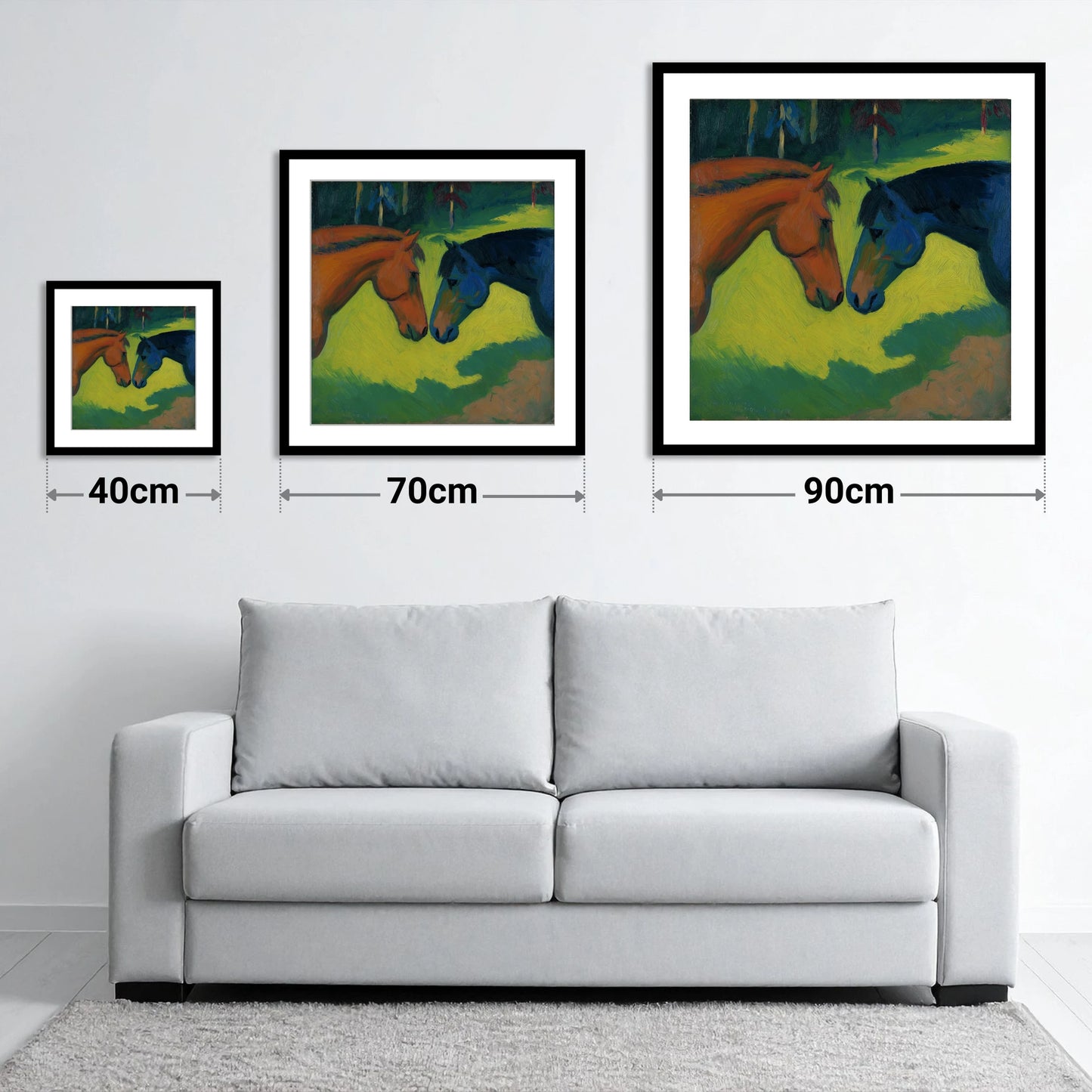 Vibrant Equine Connection - size guide showing 40cm, 70cm and 90cm art prints