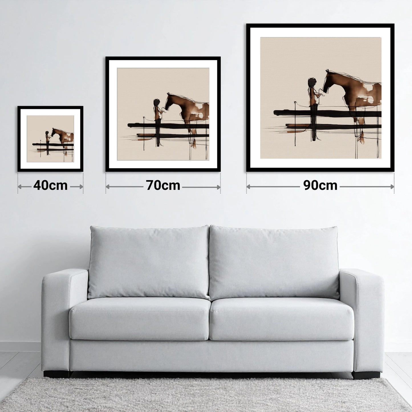 Connection at the Fence - size guide showing 40cm, 70cm and 90cm art prints