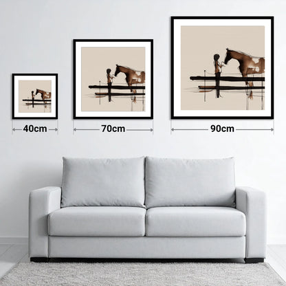 Connection at the Fence - size guide showing 40cm, 70cm and 90cm art prints