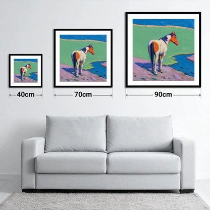 Vibrant Skewbald By The River - size guide showing 40cm, 70cm and 90cm art prints