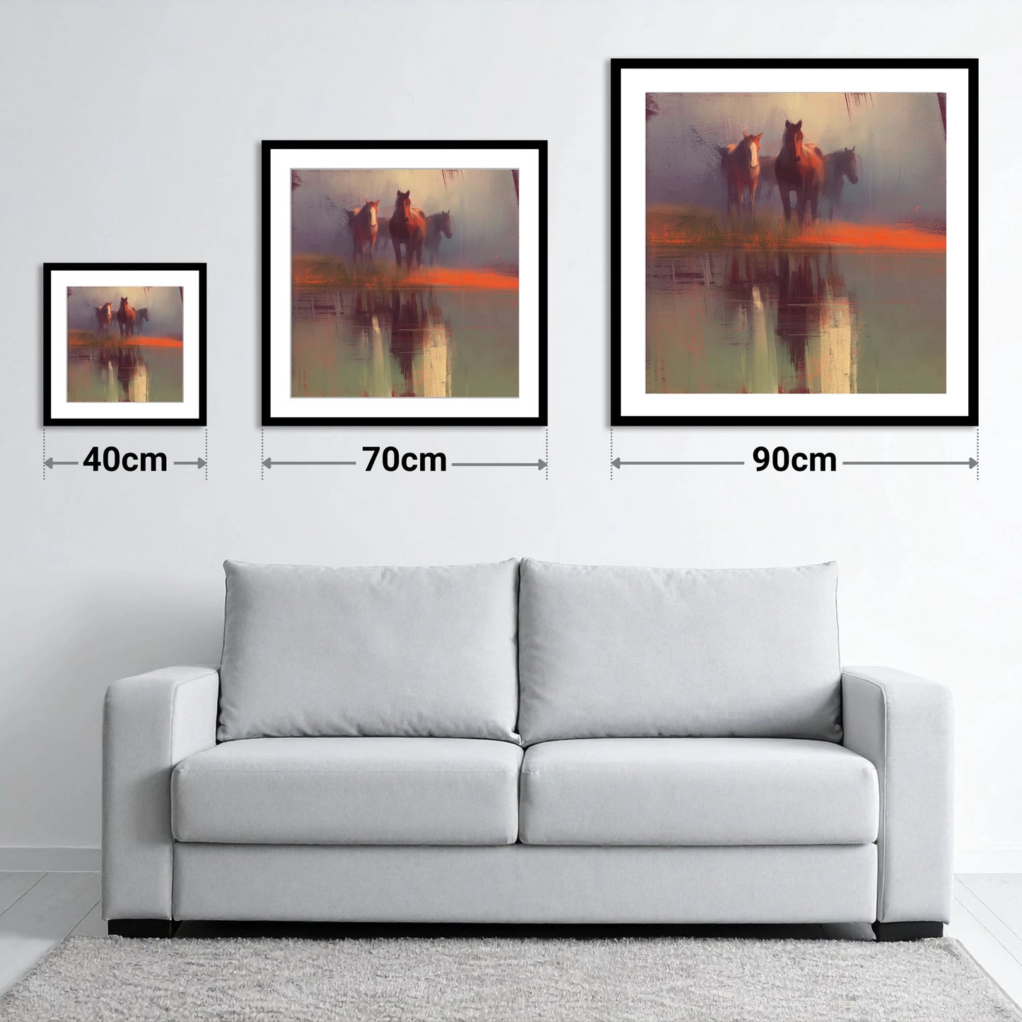 Ember Reflections - size guide showing 40cm, 70cm and 90cm art prints