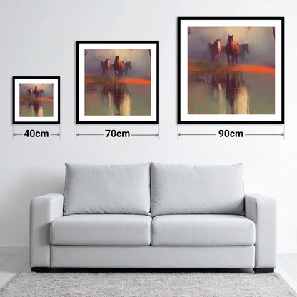 Ember Reflections - size guide showing 40cm, 70cm and 90cm art prints