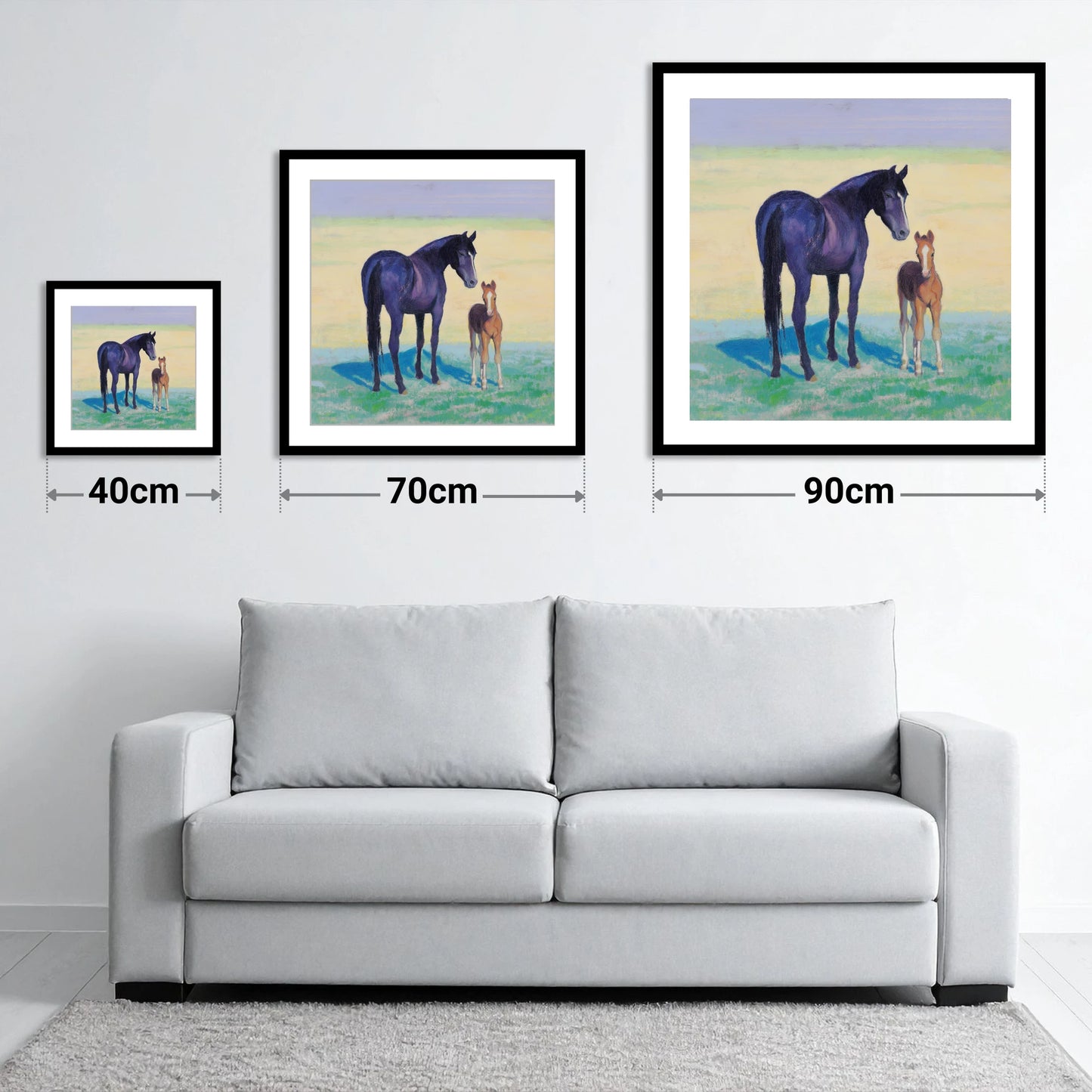 The Gentle Watch - size guide showing 40cm, 70cm and 90cm art prints