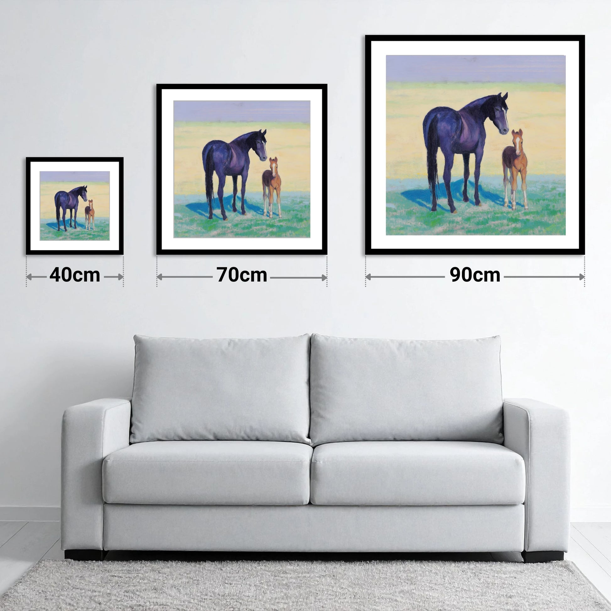 The Gentle Watch - size guide showing 40cm, 70cm and 90cm art prints