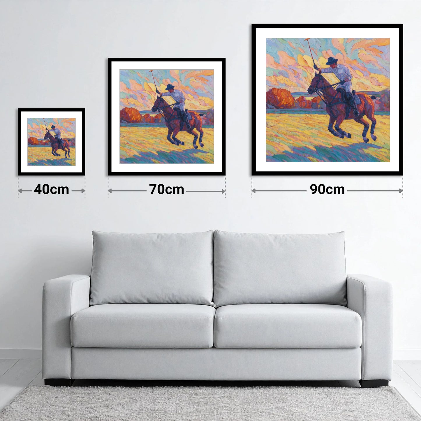 The Final Chukka - size guide showing 40cm, 70cm and 90cm art prints