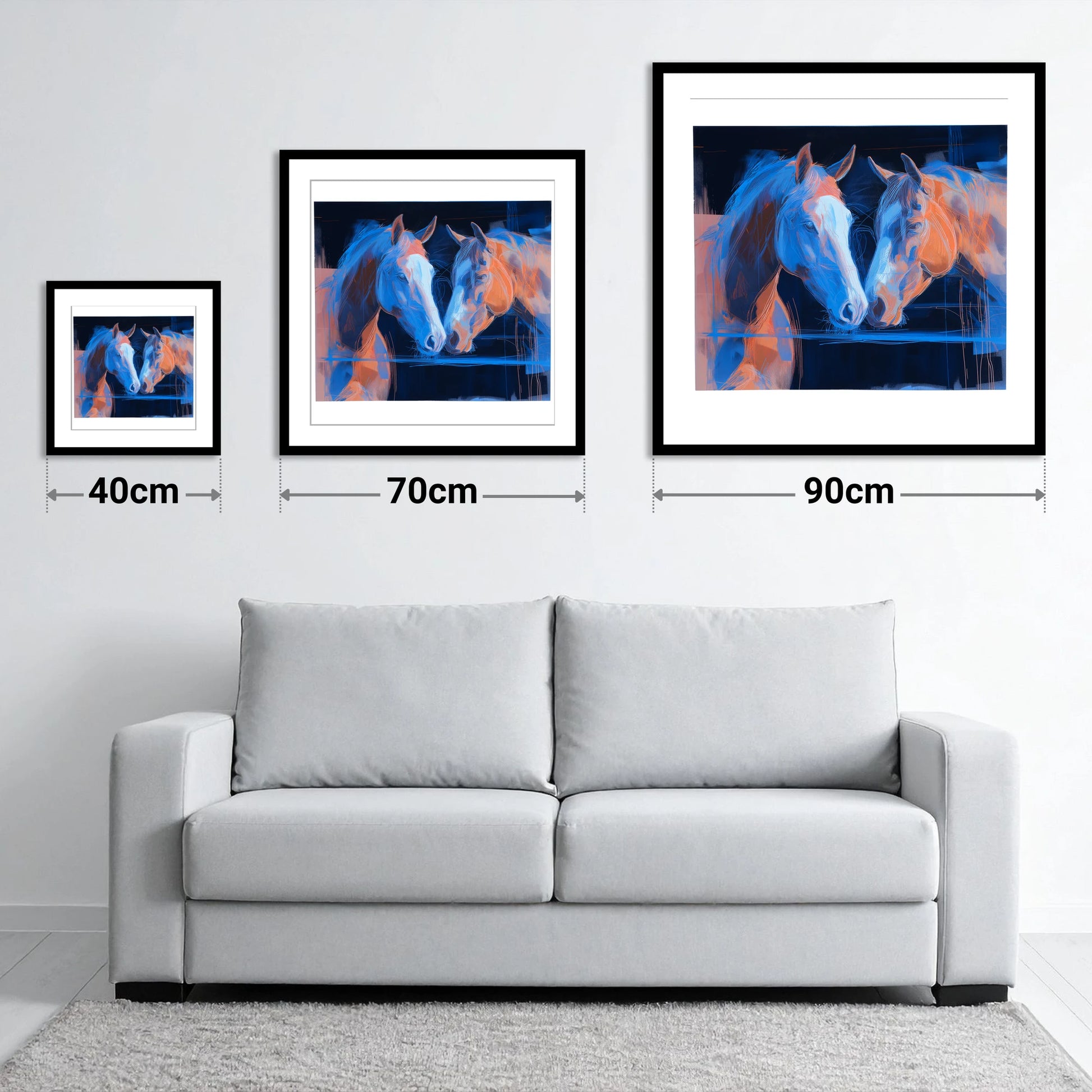 Quiet Communion - size guide showing 40cm, 70cm and 90cm art prints