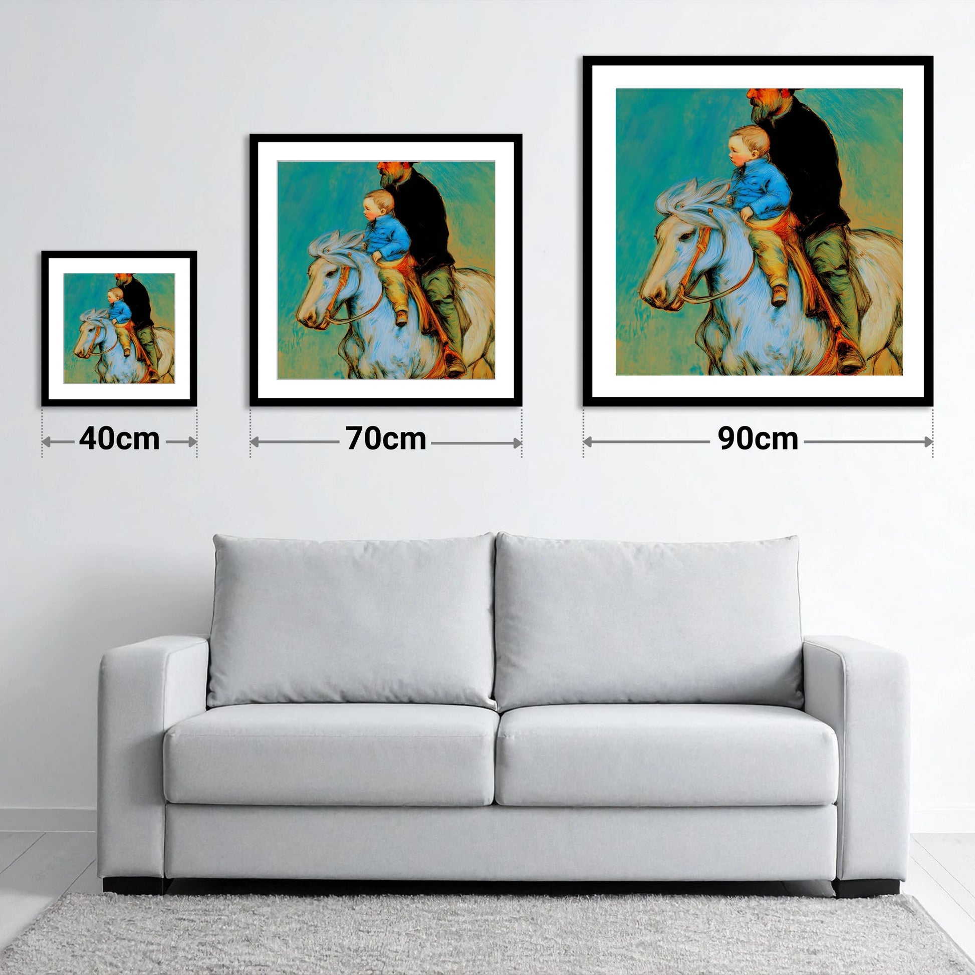 The Guiding Hand - size guide showing 40cm, 70cm and 90cm art prints