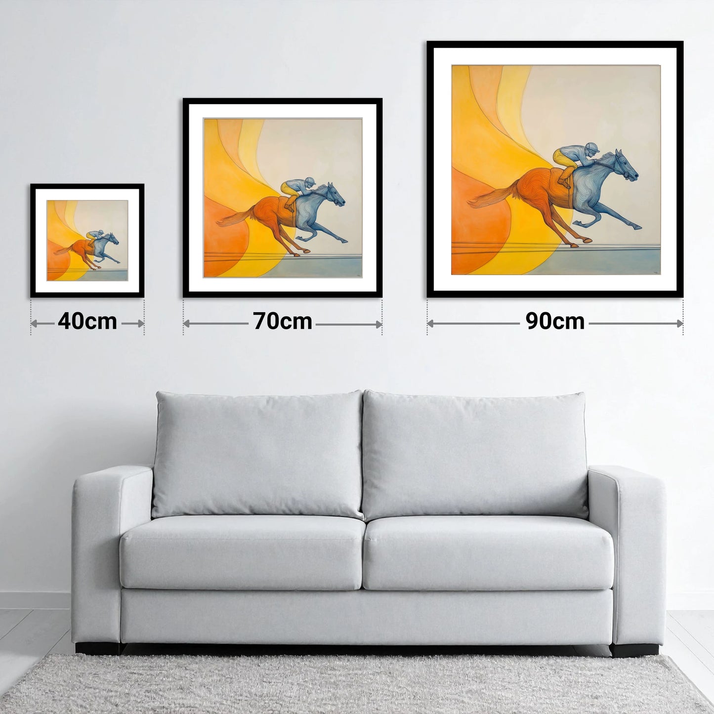 Contours of Speed - size guide showing 40cm, 70cm and 90cm art prints