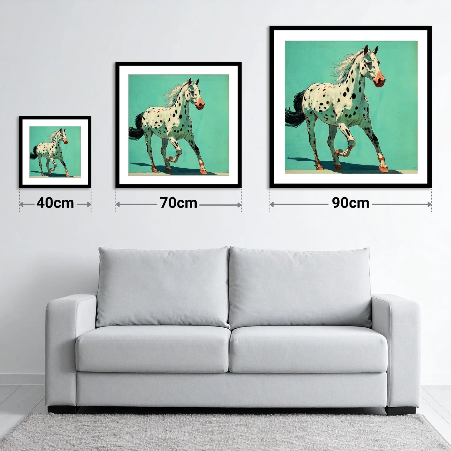 Teal Leopard Appaloosa - size guide showing 40cm, 70cm and 90cm art prints