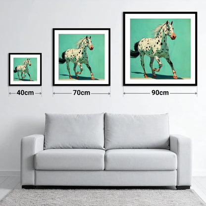 Teal Leopard Appaloosa - size guide showing 40cm, 70cm and 90cm art prints