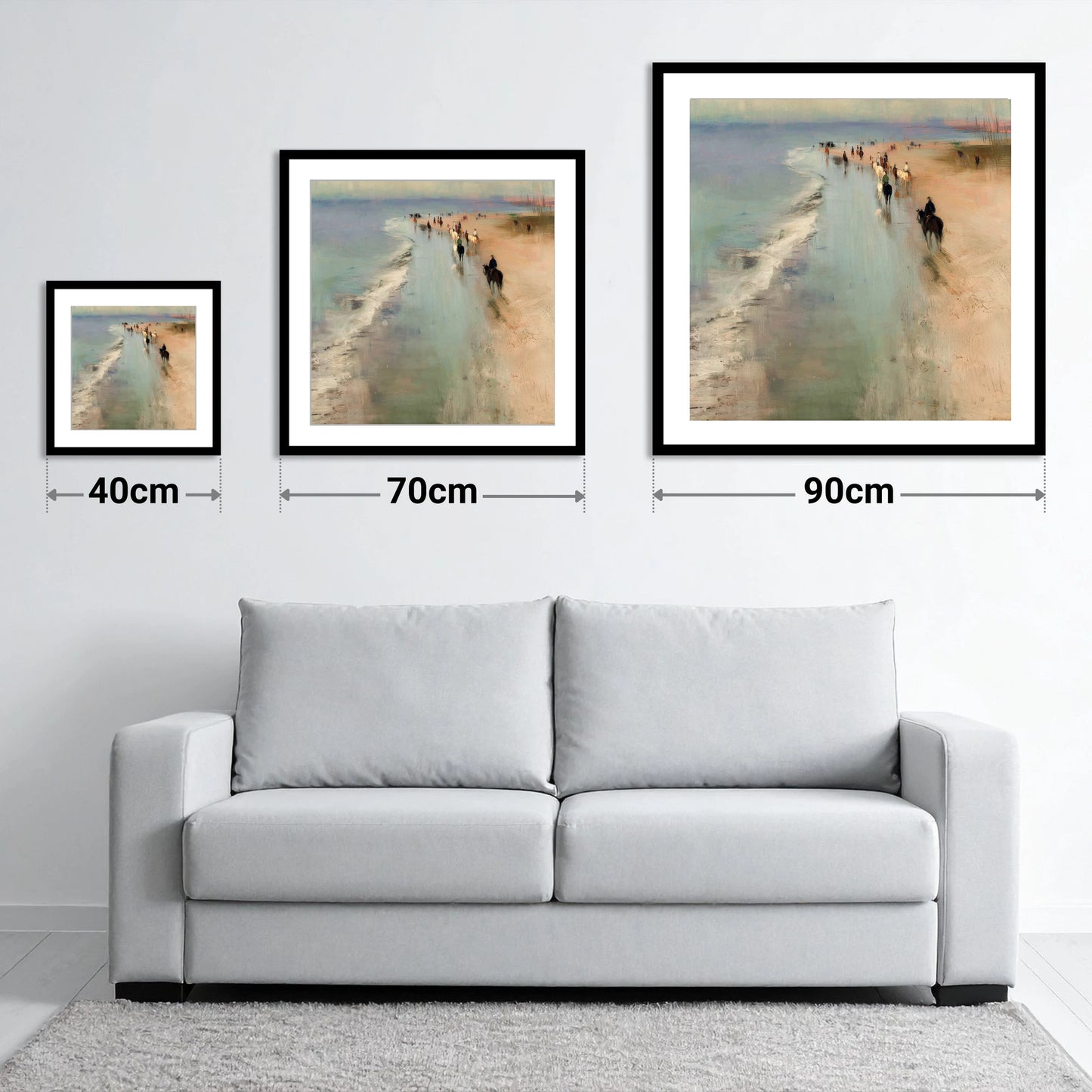 Misty Coastal String - size guide showing 40cm, 70cm and 90cm art prints