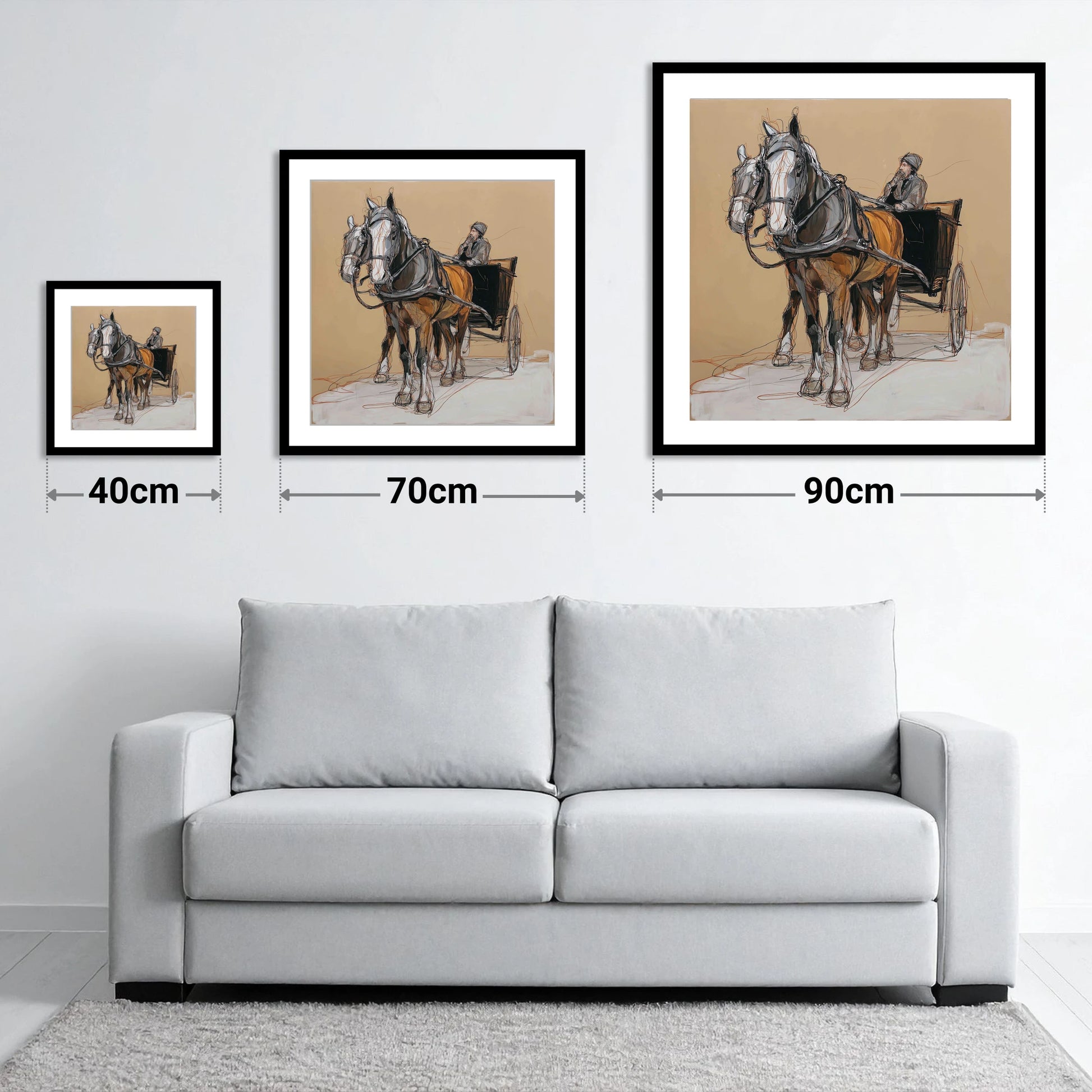 The Coachman's Team - size guide showing 40cm, 70cm and 90cm art prints