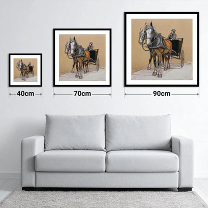 The Coachman's Team - size guide showing 40cm, 70cm and 90cm art prints