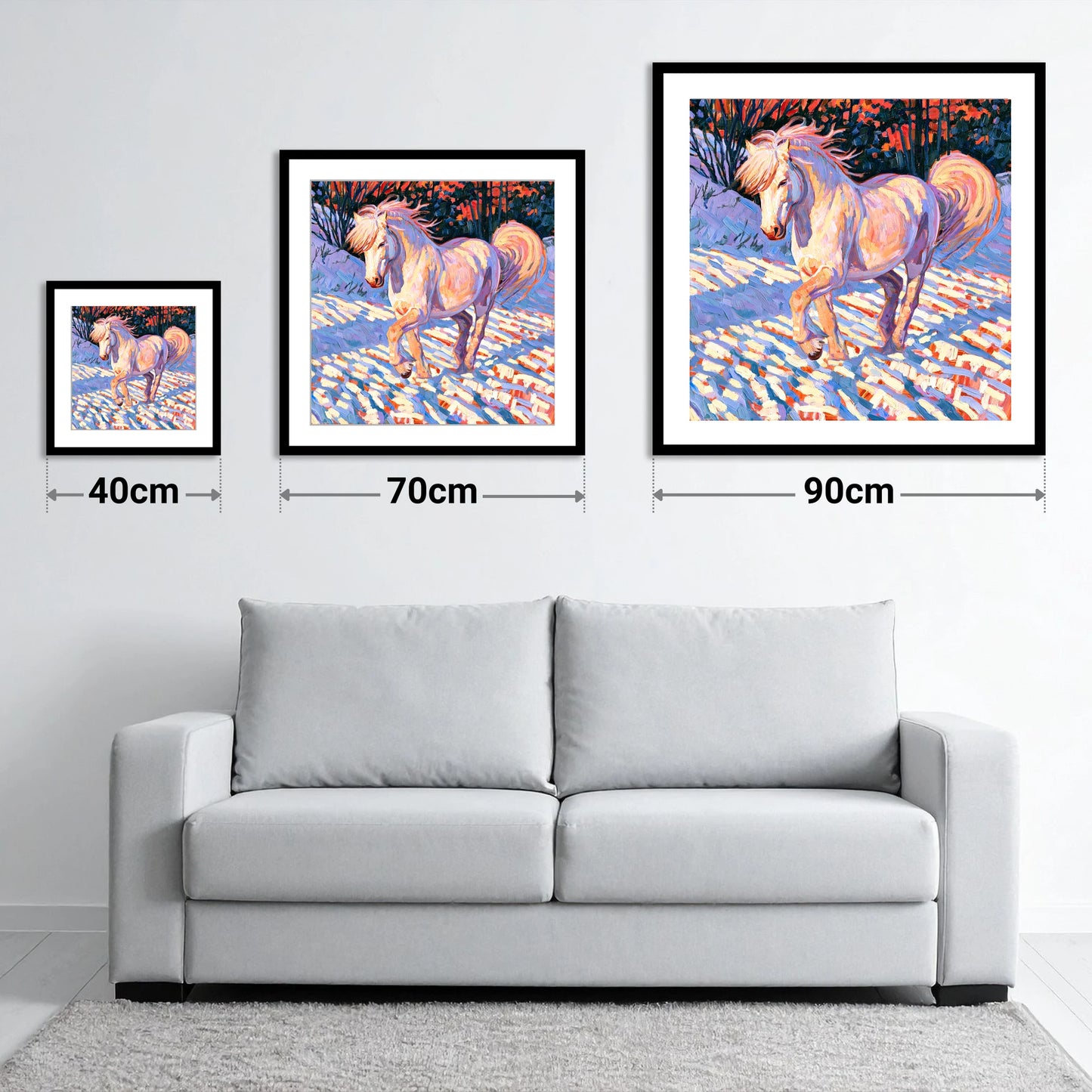 Vibrant Winter Horse in Snow - size guide showing 40cm, 70cm and 90cm art prints