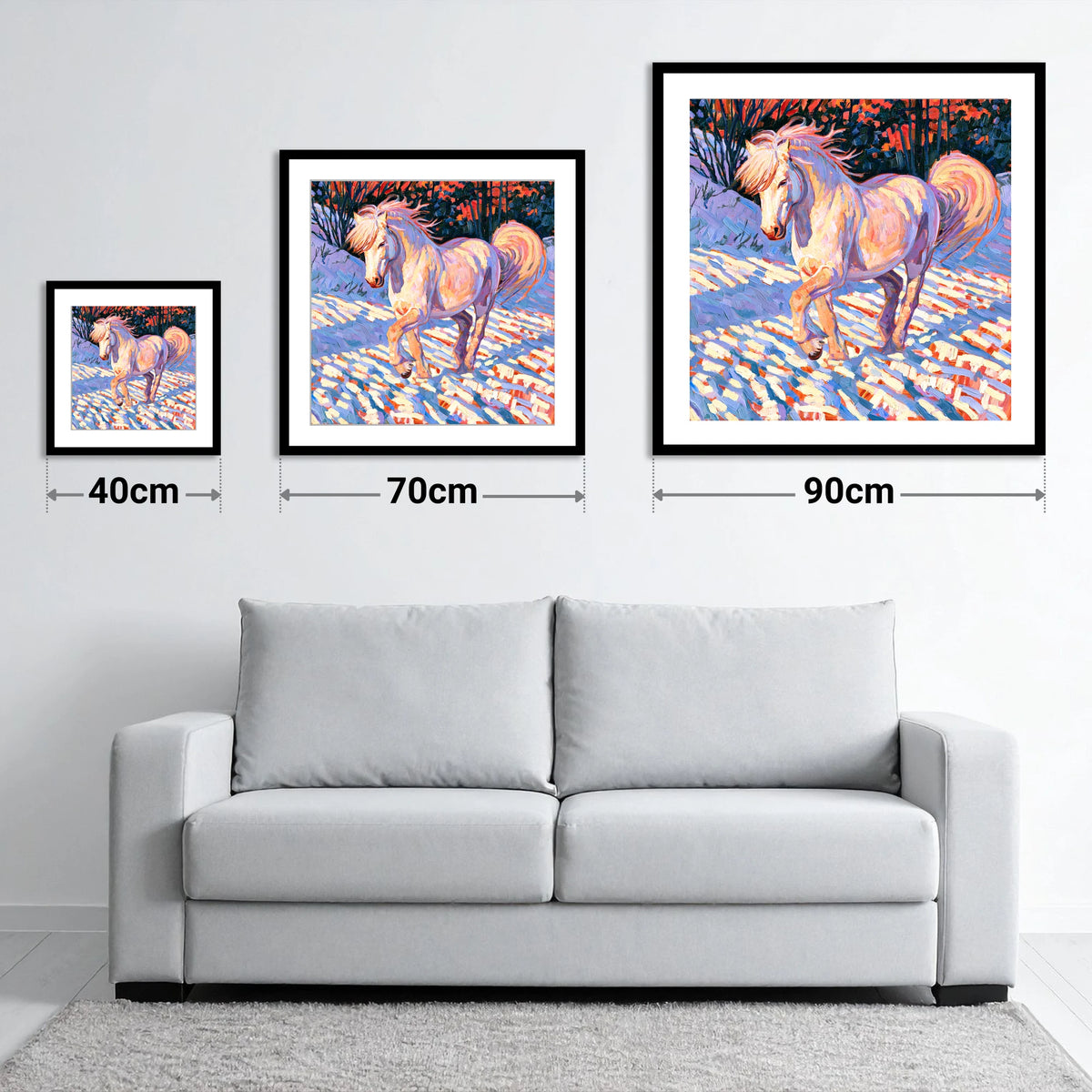 Vibrant Winter Horse in Snow - size guide showing 40cm, 70cm and 90cm art prints