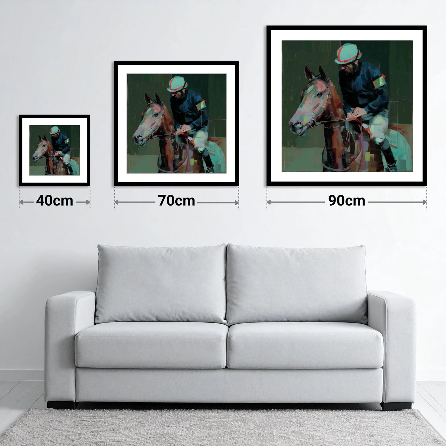 Quiet Intensity - size guide showing 40cm, 70cm and 90cm art prints