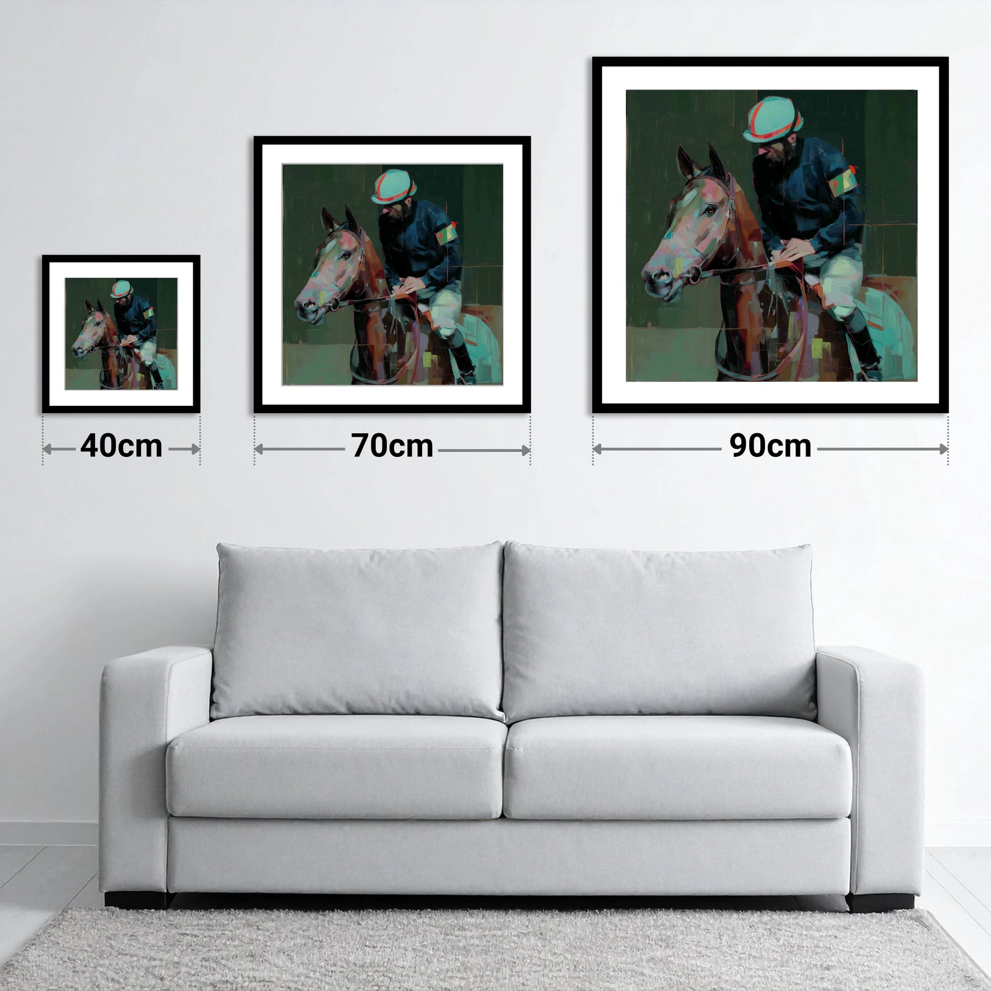 Quiet Intensity - size guide showing 40cm, 70cm and 90cm art prints