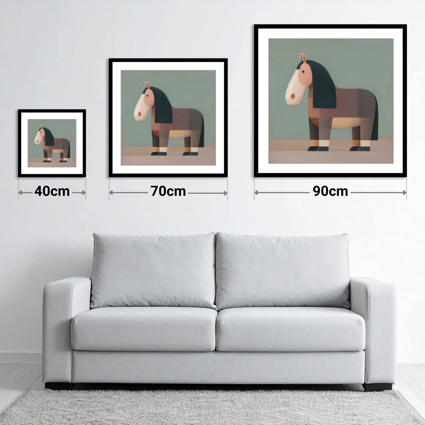 Nostalgic Equine Form - size guide showing 40cm, 70cm and 90cm art prints