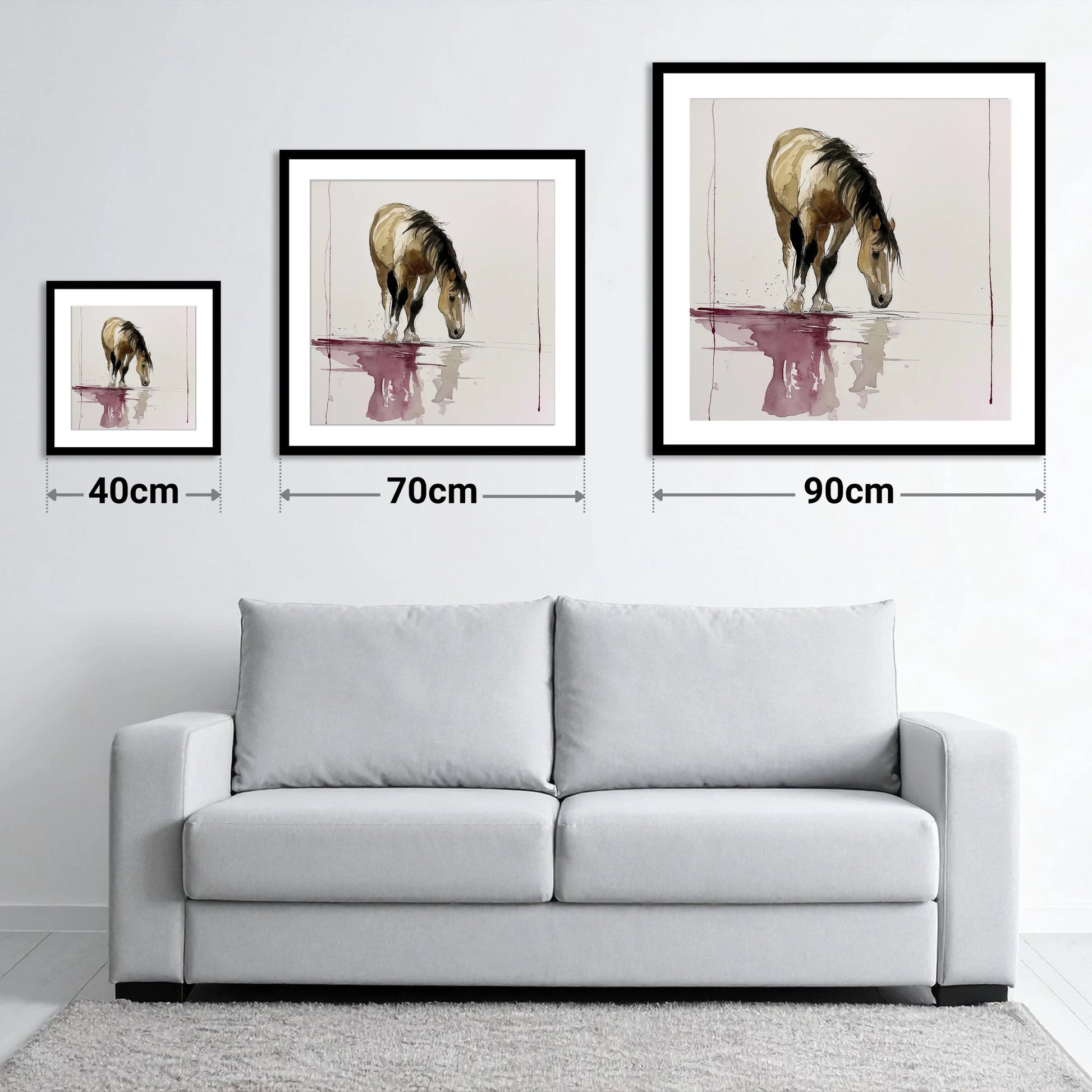 Quiet Reflection - size guide showing 40cm, 70cm and 90cm art prints