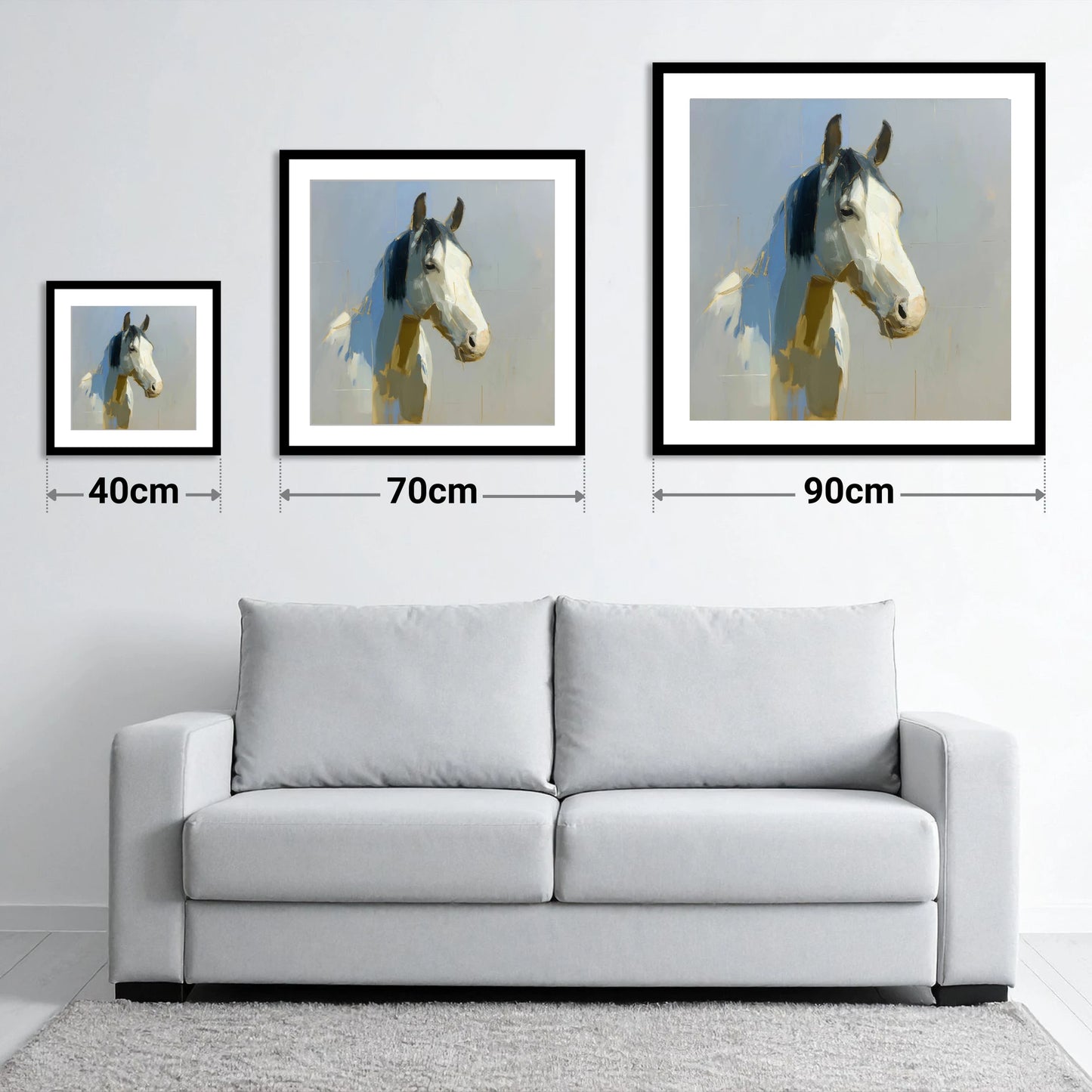 Luminous Morning Watch - size guide showing 40cm, 70cm and 90cm art prints