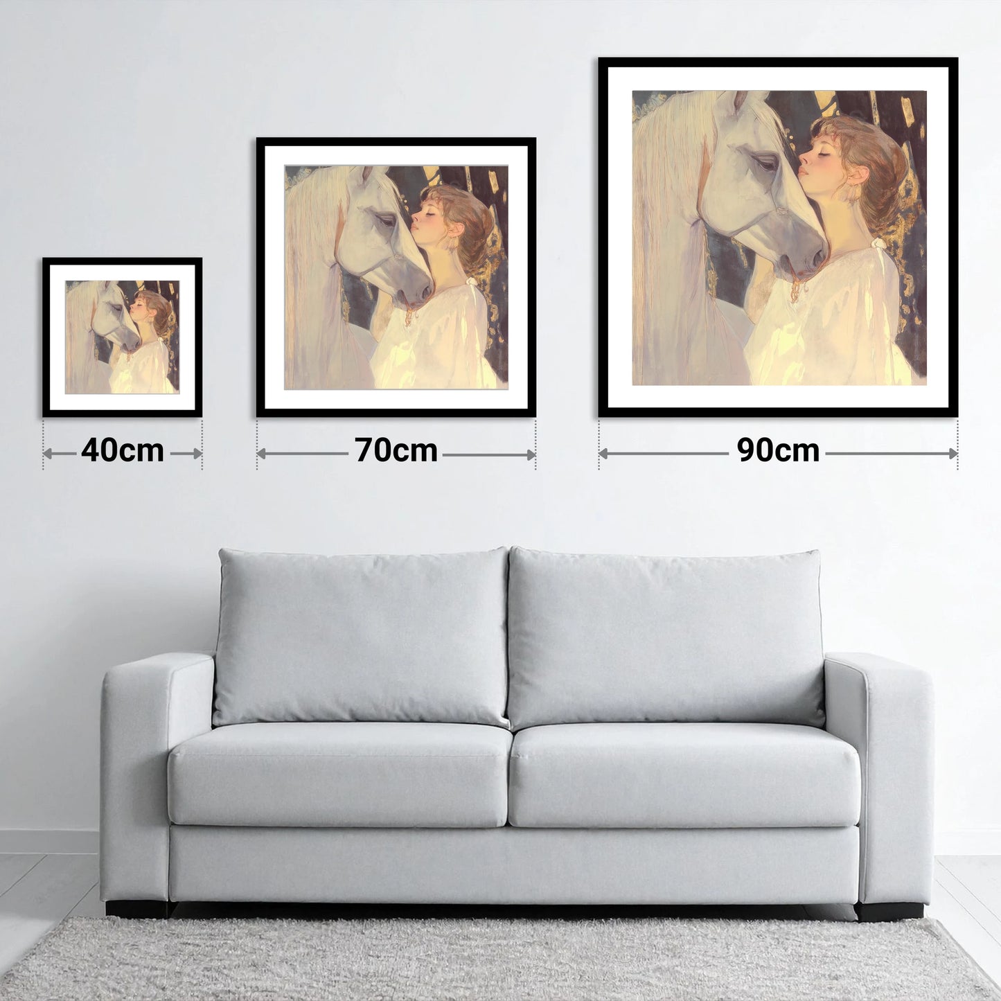 A Luminous Bond - size guide showing 40cm, 70cm and 90cm art prints