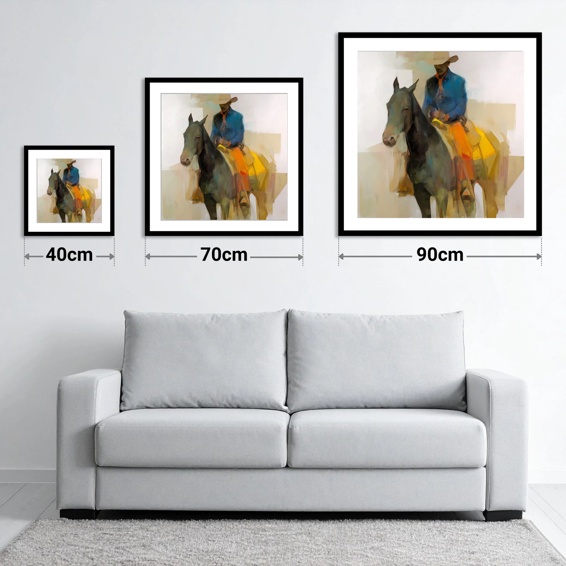 Painted Desert Rider - size guide showing 40cm, 70cm and 90cm art prints