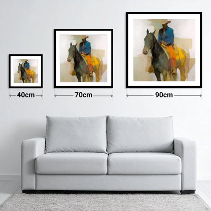 Painted Desert Rider - size guide showing 40cm, 70cm and 90cm art prints