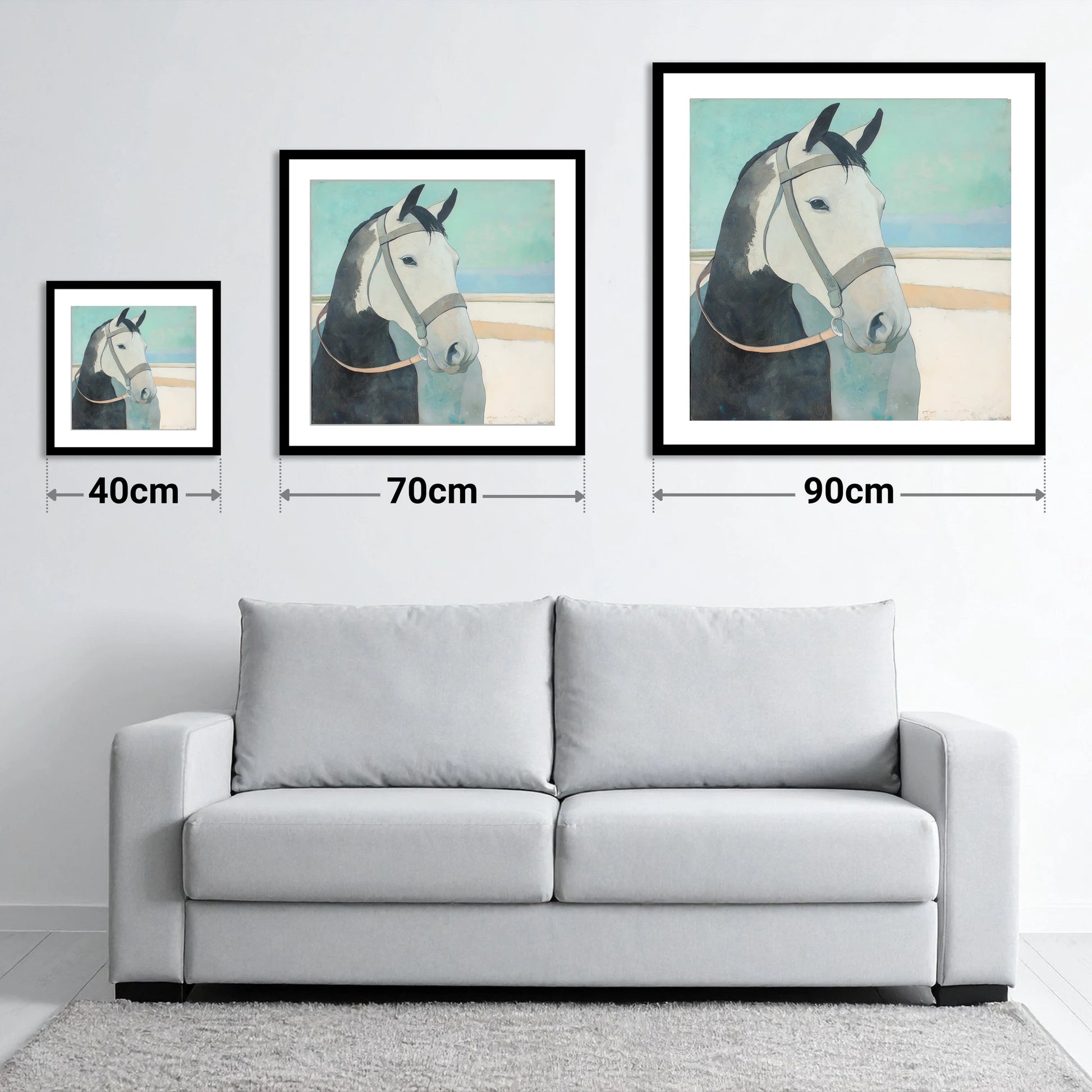 Modern Working Grey - size guide showing 40cm, 70cm and 90cm art prints