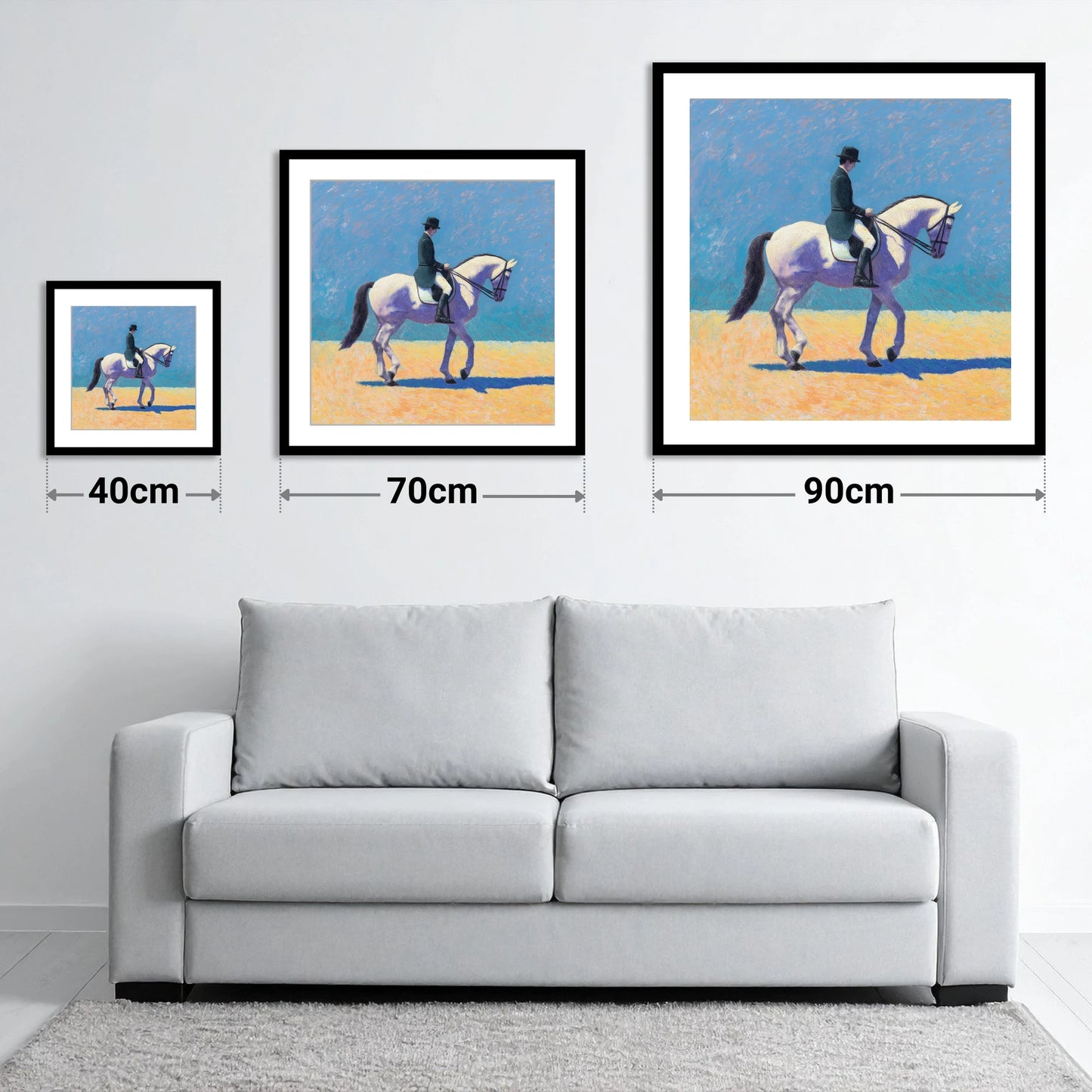 Lavender Shadows Dressage - size guide showing 40cm, 70cm and 90cm art prints