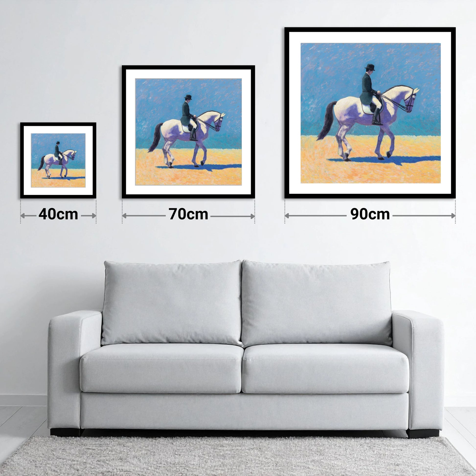 Lavender Shadows Dressage - size guide showing 40cm, 70cm and 90cm art prints