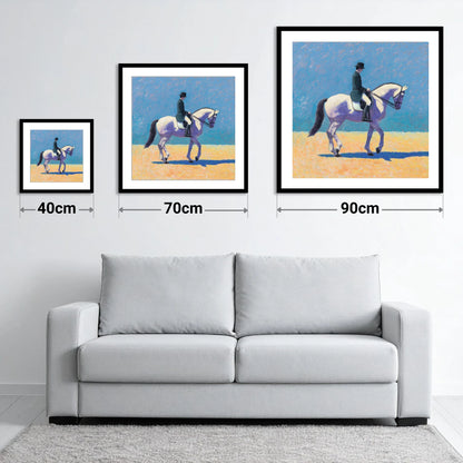 Lavender Shadows Dressage - size guide showing 40cm, 70cm and 90cm art prints