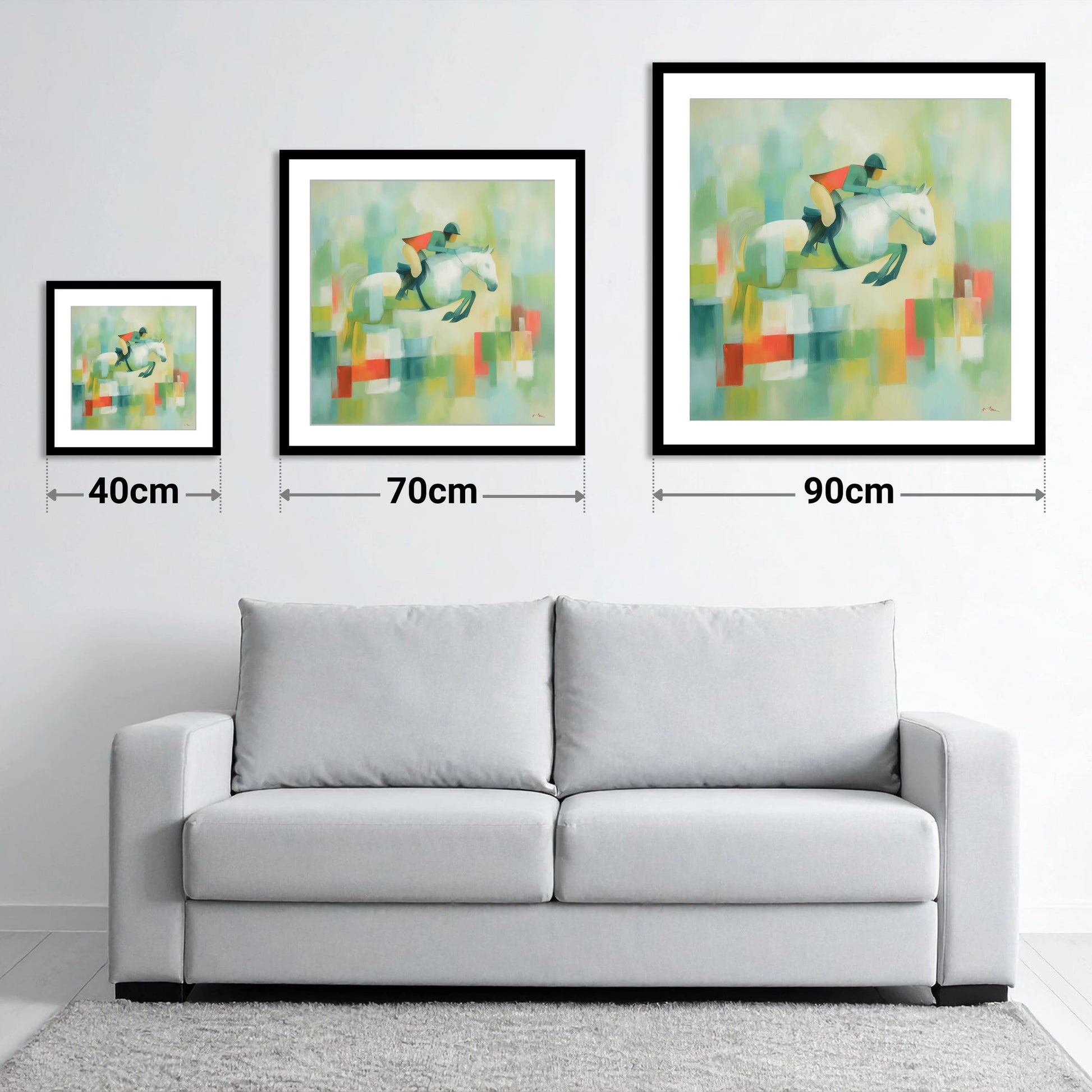 Clearing the Colours - size guide showing 40cm, 70cm and 90cm art prints