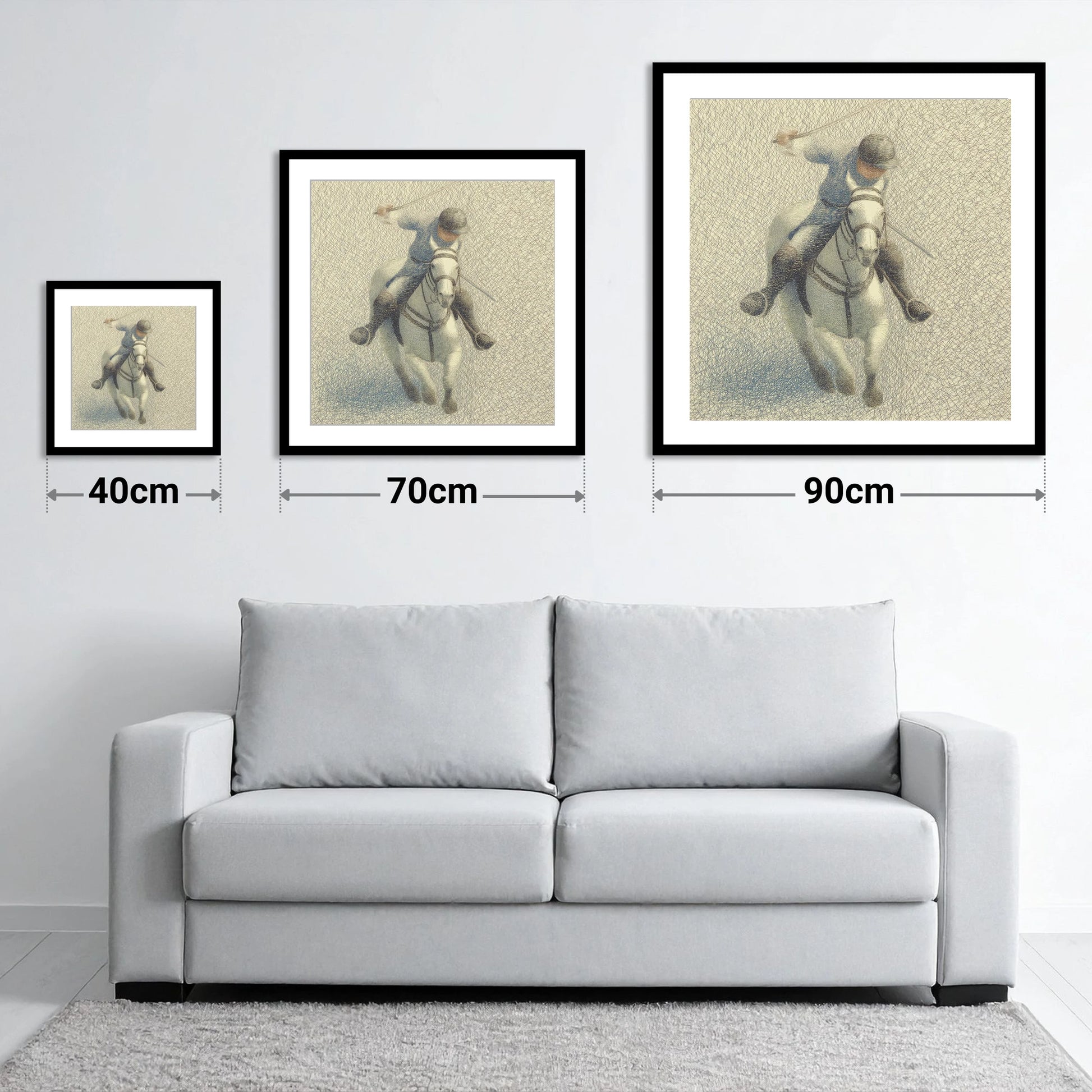 Midfield Precision - size guide showing 40cm, 70cm and 90cm art prints