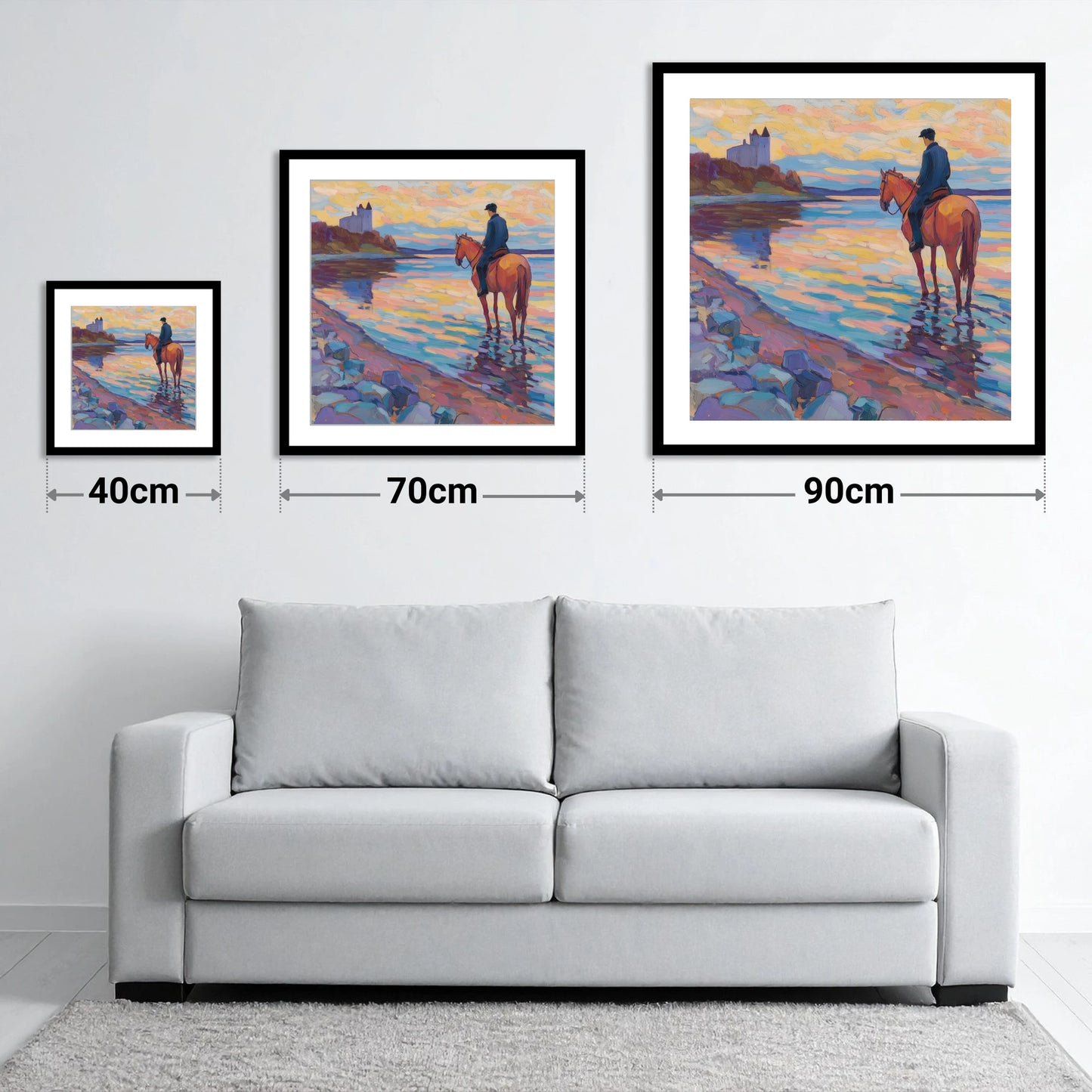 Rider at Castle Bay - size guide showing 40cm, 70cm and 90cm art prints