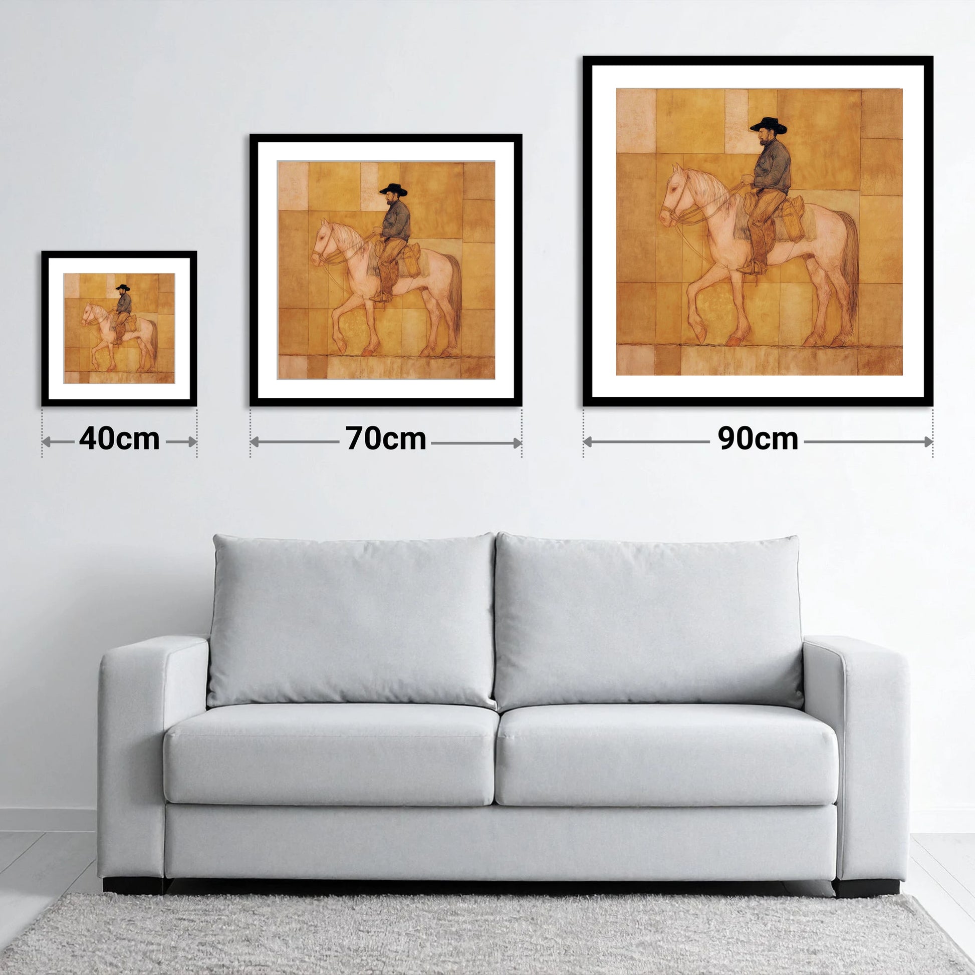 The Golden Trail - size guide showing 40cm, 70cm and 90cm art prints