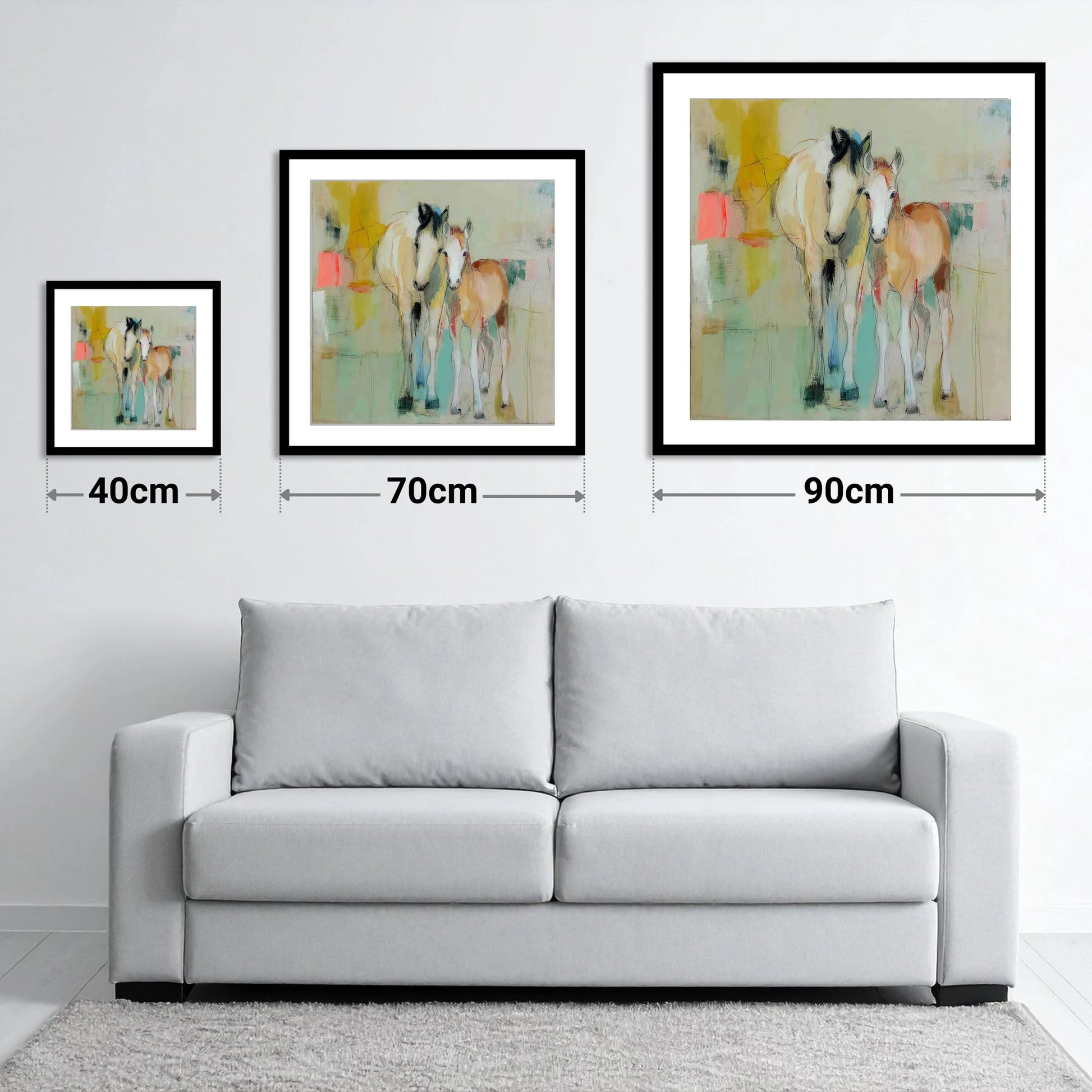 Gentle Nurture - size guide showing 40cm, 70cm and 90cm art prints