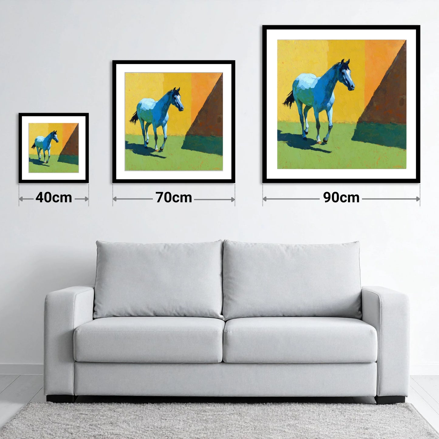 Cerulean Summer Stride - size guide showing 40cm, 70cm and 90cm art prints